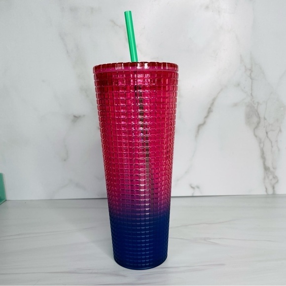 Starbucks 2022 Watermelon Pink Purple Gradient Ombre Grid 24oz Venti Tumbler Cup - Picture 4 of 6